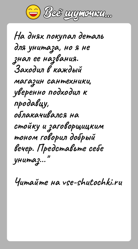 История: На днях покупал деталь для унитаза, но я не знал ее названия. Заходил в каждый магазин сантехники, уверенно подходил кпродавцу,
