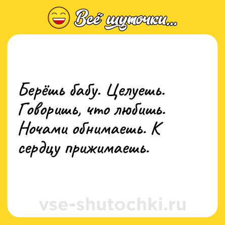 Шутка: Берёшь бабу. Целуешь. Говоришь, что любишь. Ночами обнимаешь. К сердцу прижимаешь.