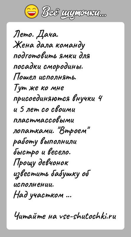 История: Лето. Дача.Жена дала команду подготовить ямки для посадки смородины. Пошел исполнять. Тут же ко мне присоединяются внучки 4 и 5