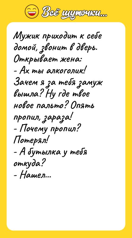 Мужик приходит к себе домой, звонит в дверь. Открывает жена: