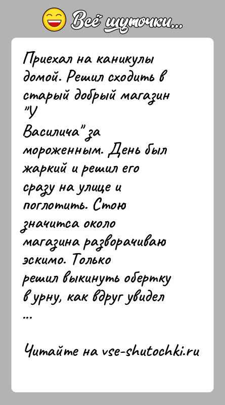 История: Приехал на каникулы домой. Решил сходить в старый добрый магазин УВасилича за мороженным. День был жаркий и решил его сразу