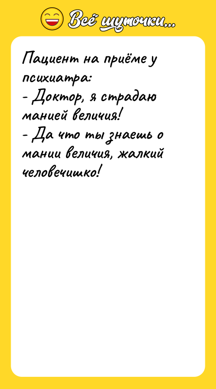 Пациент на приёме у психиатра: - Доктор, я страдаю манией