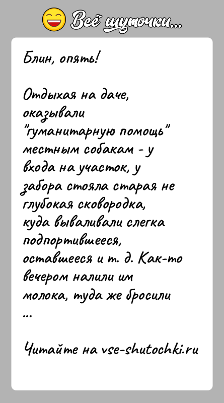 История: Блин, опять!Отдыхая на даче, оказывали гуманитарную помощь местным собакам - у входа на участок, у забора стояла старая не глубокая