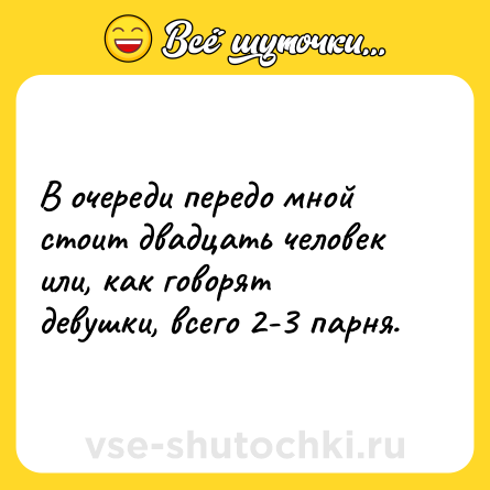 Шутка: В очереди передо мной стоит двадцать человек или, как говорят девушки, всего 2-3 парня.