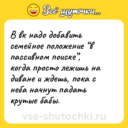 Шутка: В вк надо добавить семейное положение “в пассивном поиске”, когда просто лежишь на диване и ждешь, пока с неба начнут падать крутые бабы.