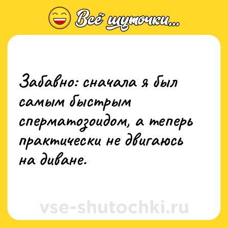 Шутка: Забавно: сначала я был самым быстрым сперматозоидом, а теперь практически не двигаюсь на диване.