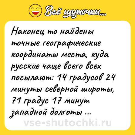 Шутка: Наконец то найдены точные географические координаты места, куда русские чаще всего всех посылают: 14 градусов 24 минуты северной широты, 71 градус 17 минут западной долготы - это город NАНUI, Перу