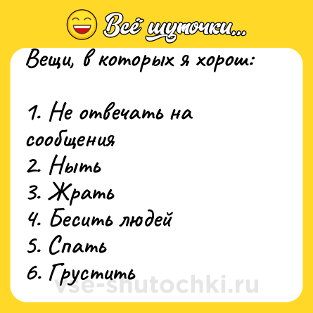 Шутка: Вещи, в которых я хорош: <br><br>1. Не отвечать на сообщения <br>2. Ныть <br>3. Жрать <br>4. Бесить людей <br>5. Спать <br>6. Грустить