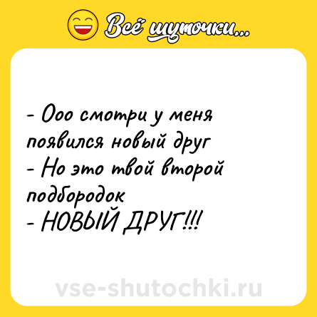 Шутка: - Ооо смотри у меня появился новый друг  <br>- Но это твой второй подбородок  <br>- НОВЫЙ ДРУГ!!!