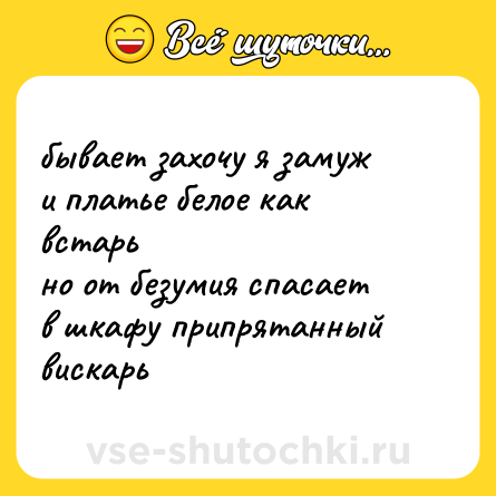Шутка: бывает захочу я замуж  <br>и платье белое как встарь  <br>но от безумия спасает  <br>в шкафу припрятанный вискарь