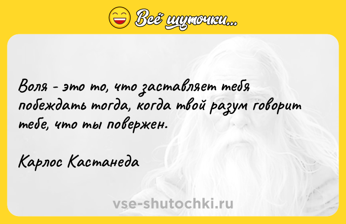 Цитата: Воля - это то, что заставляет тебя побеждать тогда, когда твой разум говорит тебе, что ты повержен.Карлос Кастанеда