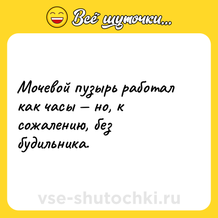 Шутка: Мочевой пузырь работал как часы — но, к сожалению, без будильника.