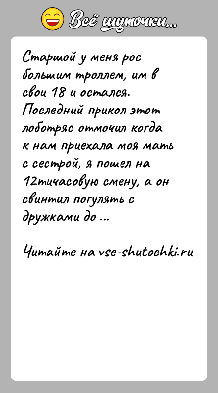 История: Старшой у меня рос большим троллем, им в свои 18 и остался. Последний прикол этот лоботряс отмочил когда к нам