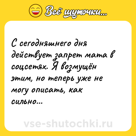Шутка: С сегодняшнего дня действует запрет мата в соцсетях. Я возмущён этим, но теперь уже не могу описать, как сильно...