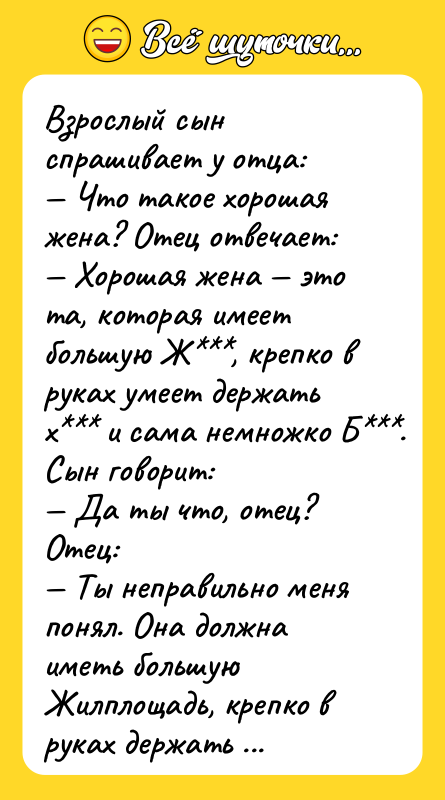 Взрослый сын спрашивает у отца: — Что такое хорошая жена?