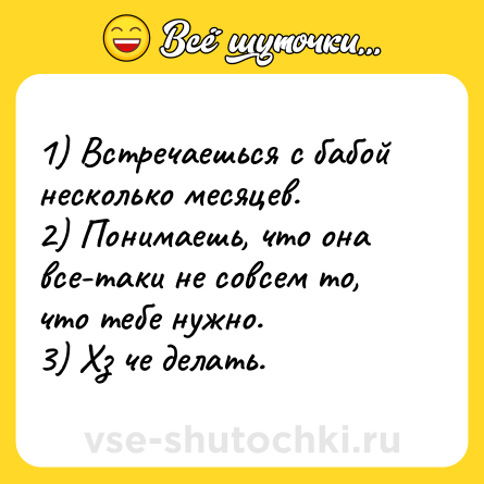 Шутка: 1) Встречаешься с бабой несколько месяцев.2) Понимаешь, что она все-таки не совсем то, что тебе нужно.3) Хз че делать.