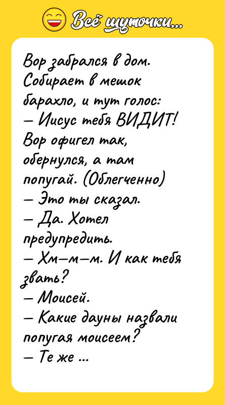 Вор забрался в дом. Собирает в мешок барахло, и тут