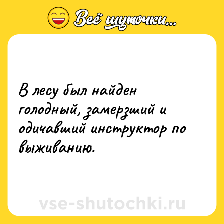 Шутка: В лесу был найден голодный, замерзший и одичавший инструктор по выживанию.