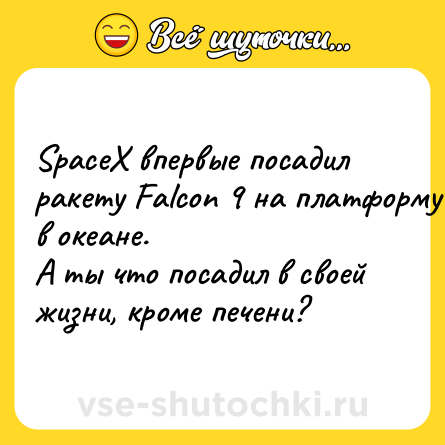 Шутка: SpaceX впервые посадил ракету Falcon 9 на платформу в океане.<br>А ты что посадил в своей жизни, кроме печени?