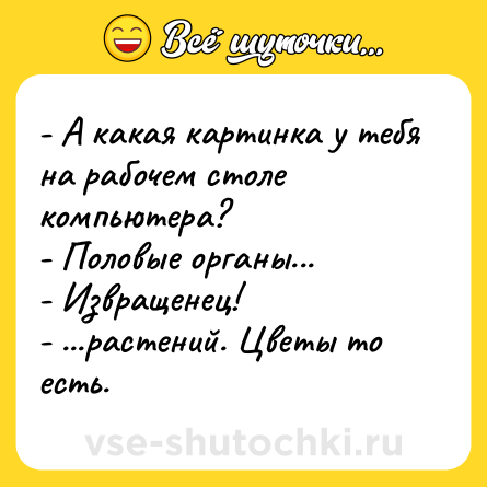 Шутка: - А какая картинка у тебя на рабочем столе компьютера?<br>- Половые органы...<br>- Извращенец!<br>- ...растений. Цветы то есть.