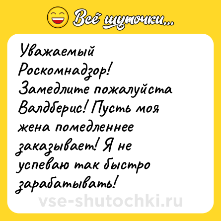 Шутка: Уважаемый Роскомнадзор!<br>Замедлите пожалуйста Валдберис! Пусть моя жена помедленнее заказывает! Я не успеваю так быстро зарабатывать!