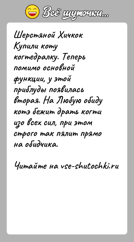 История: Шерстяной ХичкокКупили коту когтедралку. Теперь помимо основной функции, у этой приблуды появилась вторая. На Любую обиду котэ бежит драть когти
