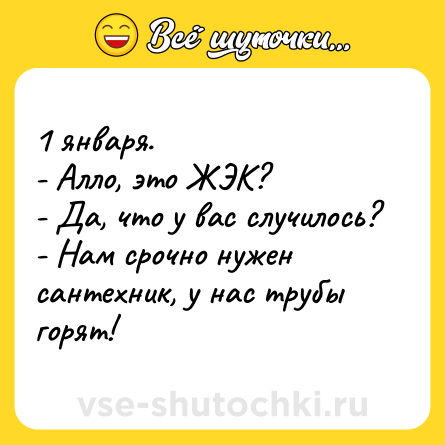 Шутка: 1 января. <br>- Алло, это ЖЭК?<br>- Да, что у вас случилось?<br>- Нам срочно нужен сантехник, у нас трубы горят!
