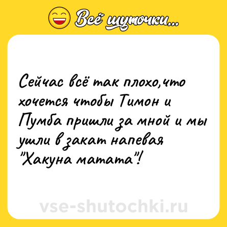 Шутка: Сейчас всё так плохо,что хочется чтобы Тимон и Пумба пришли за мной и мы ушли в закат напевая 