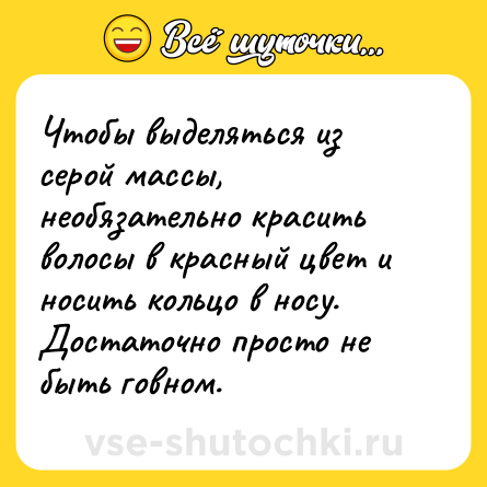 Шутка: Чтобы выделяться из серой массы, необязательно красить волосы в красный цвет и носить кольцо в носу. Достаточно просто не быть говном.