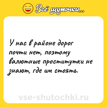 Шутка: У нас в районе дорог почти нет, поэтому валютные проститутки не знают, где им стоять.