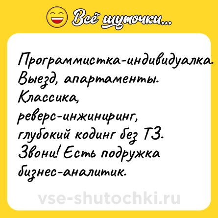 Шутка: Программистка-индивидуалка. Выезд, апартаменты. Классика, реверс-инжиниринг, глубокий кодинг без ТЗ. Звони! Есть подружка бизнес-аналитик.