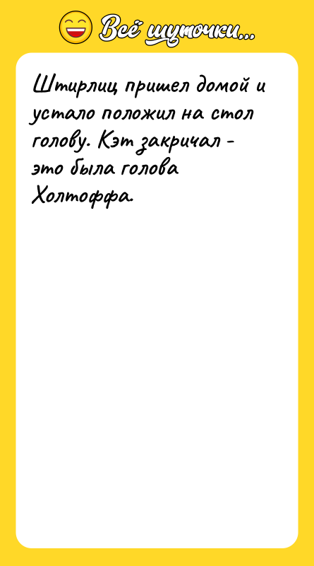 Штирлиц пришел домой и устало положил на стол голову. Кэт