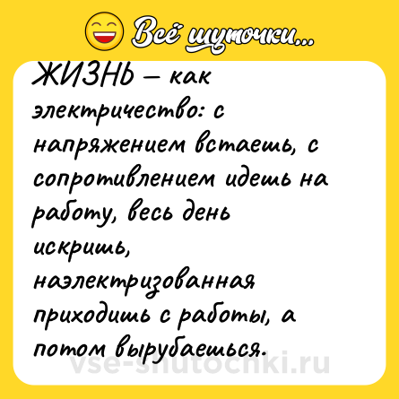 Шутка: ЖИЗНЬ — как электричество: с напряжением встаешь, с сопротивлением идешь на работу, весь день искришь, наэлектризованная приходишь с работы, а потом вырубаешься.