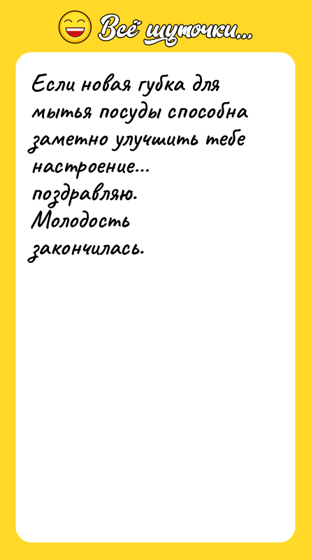 Шутка: Если новая губка для мытья посуды способна заметно улучшить тебе настроение поздравляю.Молодость закончилась.