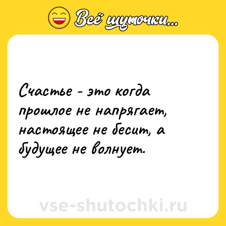 Шутка: Счастье - это когда прошлое не напрягает, настоящее не бесит, а будущее не волнует.