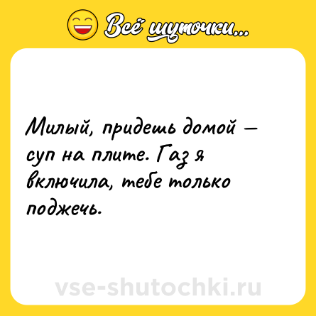 Шутка: Милый, придешь домой — суп на плите. Газ я включила, тебе только поджечь.