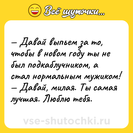 Шутка: — Давай выпьем за то, чтобы в новом году ты не был подкаблучником, а стал нормальным мужиком!<br>— Давай, милая. Ты самая лучшая. Люблю тебя.