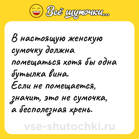 Шутка: В настоящую женскую сумочку должна помещаться хотя бы одна бутылка вина.<br>Если не помещается, значит, это не сумочка, а бесполезная хрень.