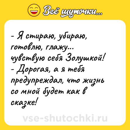 Шутка: - Я стираю, убираю, готовлю, глажу... чувствую себя Золушкой!<br>- Дорогая, а я тебя предупреждал, что жизнь со мной будет как в сказке!