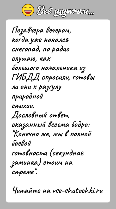 История: Позавчера вечером, когда уже начался снегопад, по радио слушаю, какбольшого начальника из ГИБДД спросили, готовы ли они к разгулу природнойстихии.Дословный