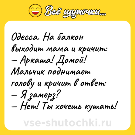 Шутка: Одесса. На балкон выходит мама и кричит:<br>— Аркаша! Домой!<br>Мальчик поднимает голову и кричит в ответ:<br>— Я замерз?<br>— Нет! Ты хочешь кушать!