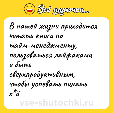 Шутка: В нашей жизни приходится читать книги по тайм-менеджменту, пользоваться лайфаками и быть сверхпродуктивным, чтобы успевать пинать х*й