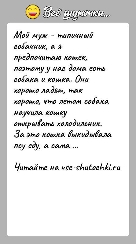 История: Мой муж типичный собачник, а я предпочитаю кошек, поэтому у нас дома есть собака и кошка. Они хорошо ладят,