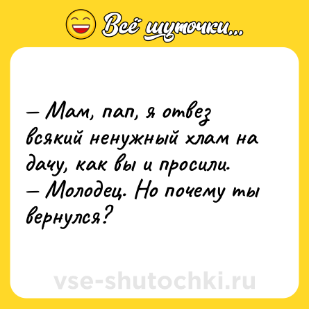 Шутка: — Мам, пап, я отвез всякий ненужный хлам на дачу, как вы и просили.<br>— Молодец. Но почему ты вернулся?