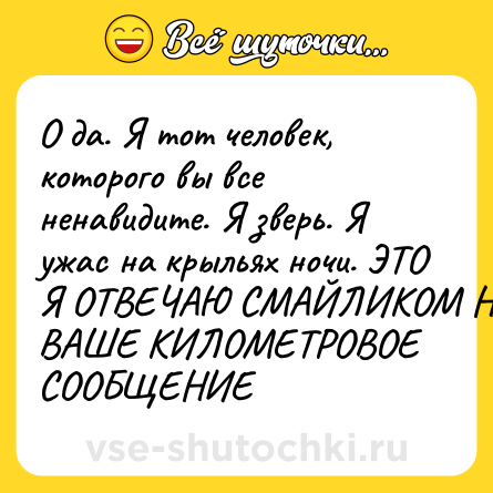 Шутка: О да. Я тот человек, которого вы все ненавидите. Я зверь. Я ужас на крыльях ночи. ЭТО Я ОТВЕЧАЮ СМАЙЛИКОМ НА ВАШЕ КИЛОМЕТРОВОЕ СООБЩЕНИЕ