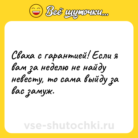 Шутка: Cваха с гарантией! Если я вам за неделю не найду невесту, то сама выйду за вас замуж.