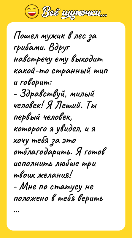Пошел мужик в лес за грибами. Вдруг навстречу ему выходит