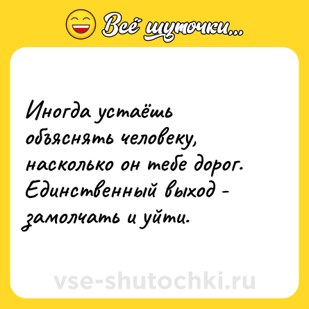 Шутка: Иногда устаёшь объяснять человеку, насколько он тебе дорог. Единственный выход - замолчать и уйти.