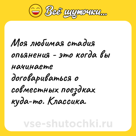 Шутка: Моя любимая стадия опьянения - это когда вы начинаете договариваться о совместных поездках куда-то. Классика. 