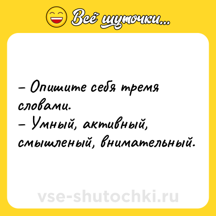 Шутка: – Опишите себя тремя словами.<br>– Умный, активный, смышленый, внимательный.